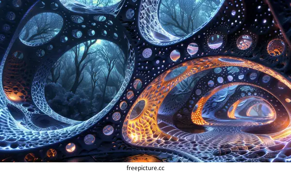 Mystical Bioluminescent Cave: Blue and Orange Glow