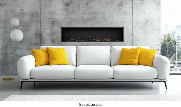 Modern Living Room Interior Design with White Sofa and Yellow Cushions