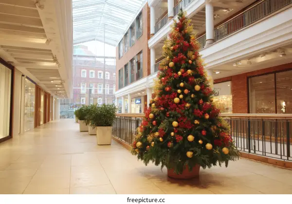 Christmas Tree in a Shopping Mall Decorated for Holiday Season