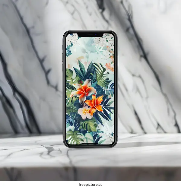 Phone Screen with Tropical Flower Wallpaper