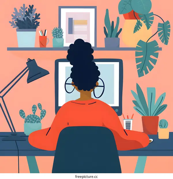 Black Woman Working From Home With Plants
