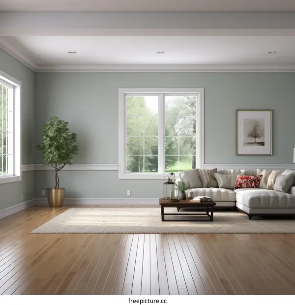 A beautiful living room with a large window, a sofa, a coffee table, and a rug