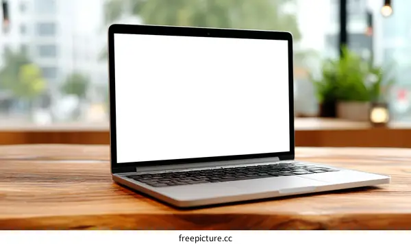 Laptop on Wooden Table with Blank Screen