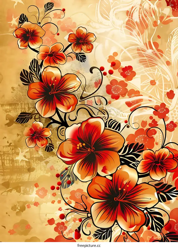Floral Design With Red Flowers On A Gold Background