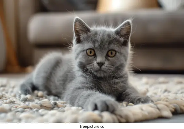 A cute gray kitten is lying on the carpet and looking at the camera