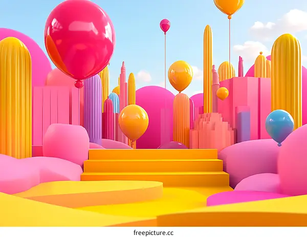 3D Colorful Cityscape With Balloons