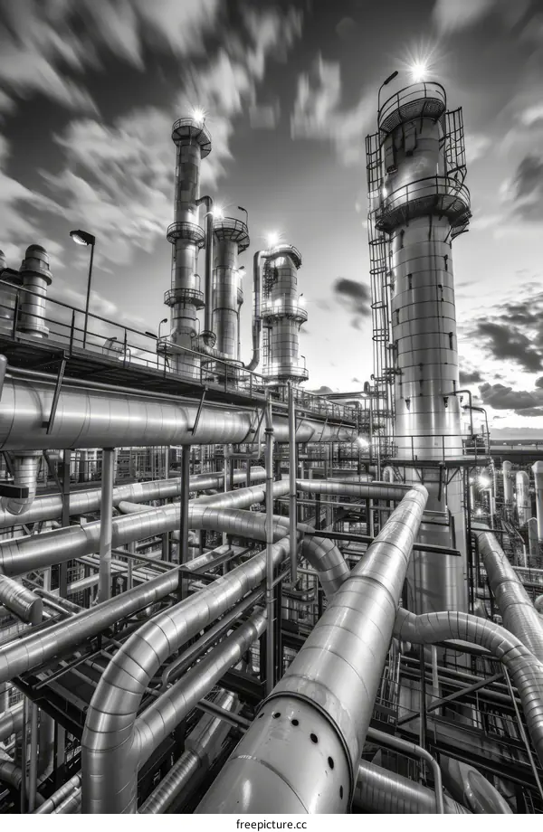 Oil Refinery Plant with Pipes and Towers Grayscale