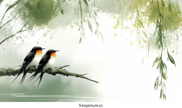 Two Birds on a Branch in a Misty Landscape