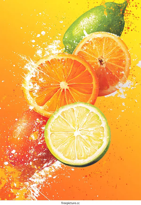 Fresh Citrus Fruit Slices Splashing on Yellow Background