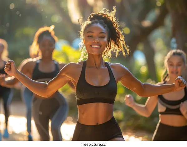 Four women exercising outdoors in the sunshine