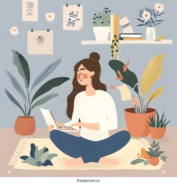 Woman working on her laptop on a rug surrounded by plants