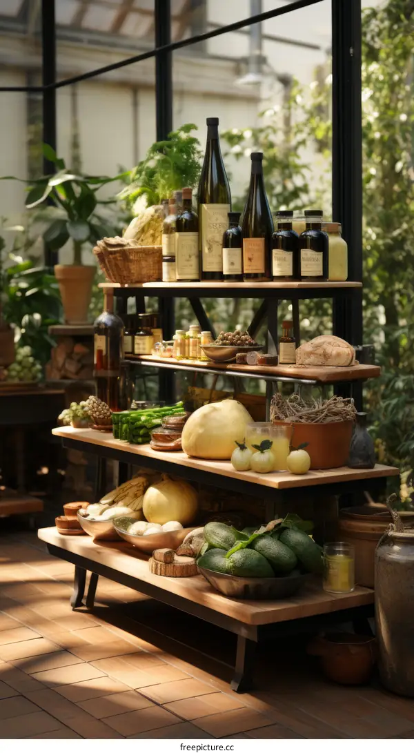 An abundance of fresh and healthy food on wooden shelves in a greenhouse