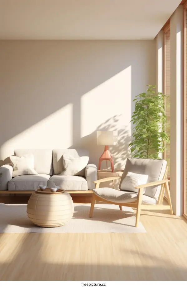 Modern living room interior with sofa, armchair, coffee table and plant