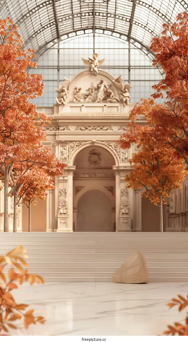 Autumn Leaves in Front of a  Stone Building with a Glass Roof