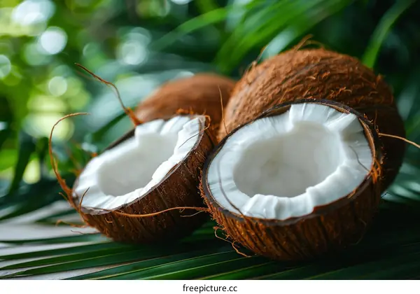 Fresh coconuts on palm leaves. Organic coconuts. Healthy food concept.