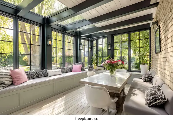 Modern Sunroom with Large Windows and Seating Area