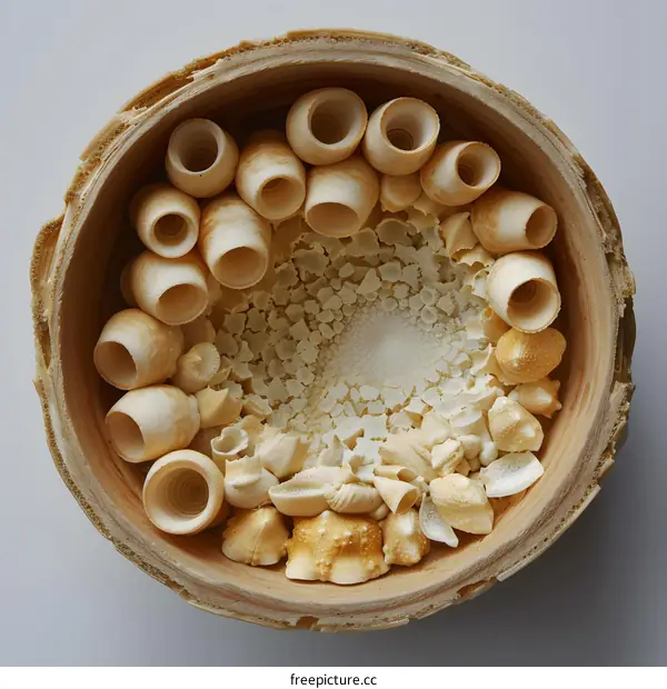 An overhead view of a wooden bowl filled with various shells and coral