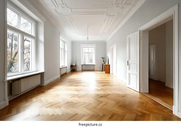 Empty Spacious Room with Herringbone Wood Flooring