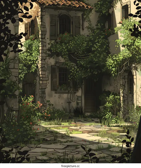 Old House Courtyard Illustration With Green Vines