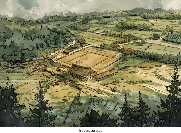 Aerial View of a Medieval Village with Farms and Forests