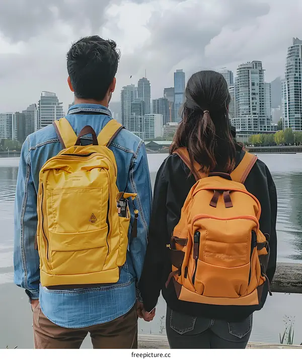 Couple Standing with Backpacks Looking at City Skyline