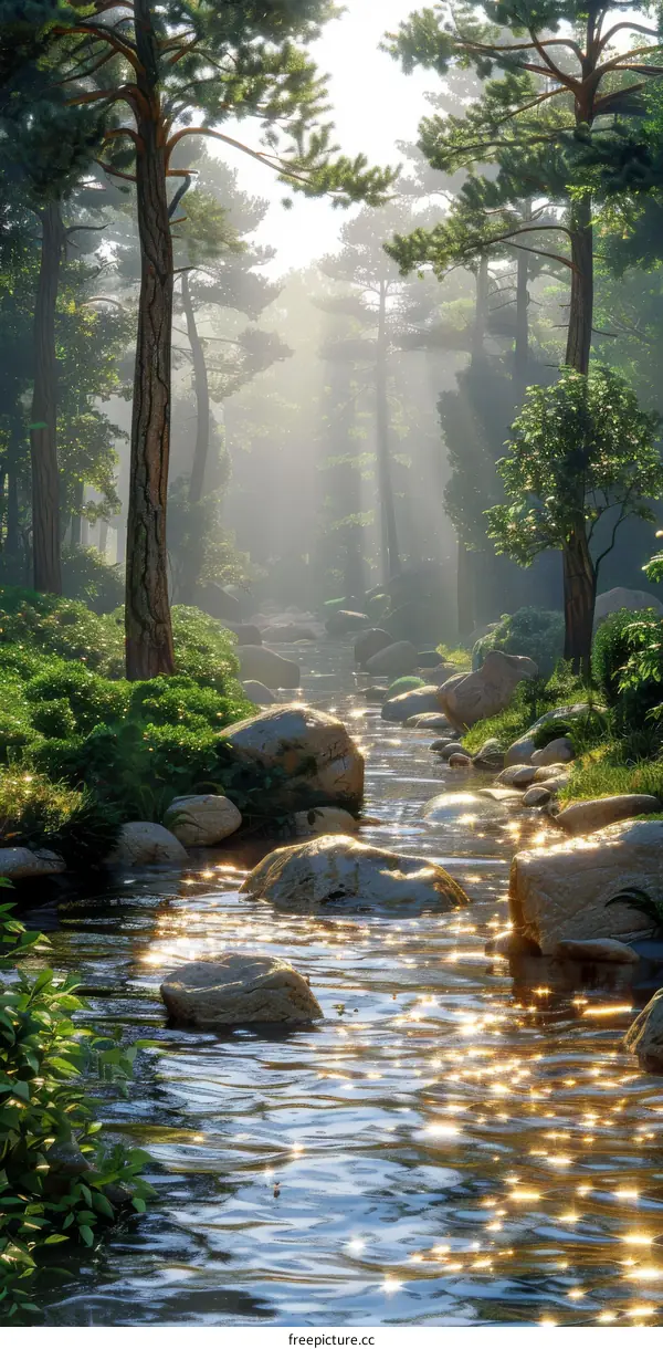 Sunlight through the Forest Sparkles on Stream