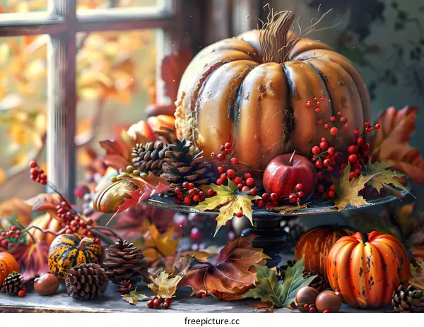 Still life of a pumpkin and autumn fruits