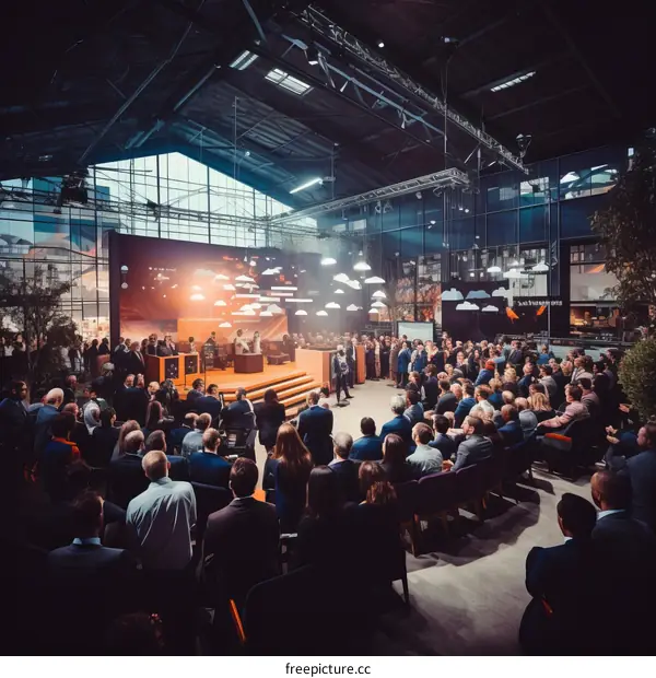 A group of people are gathered in a large room for a business conference.