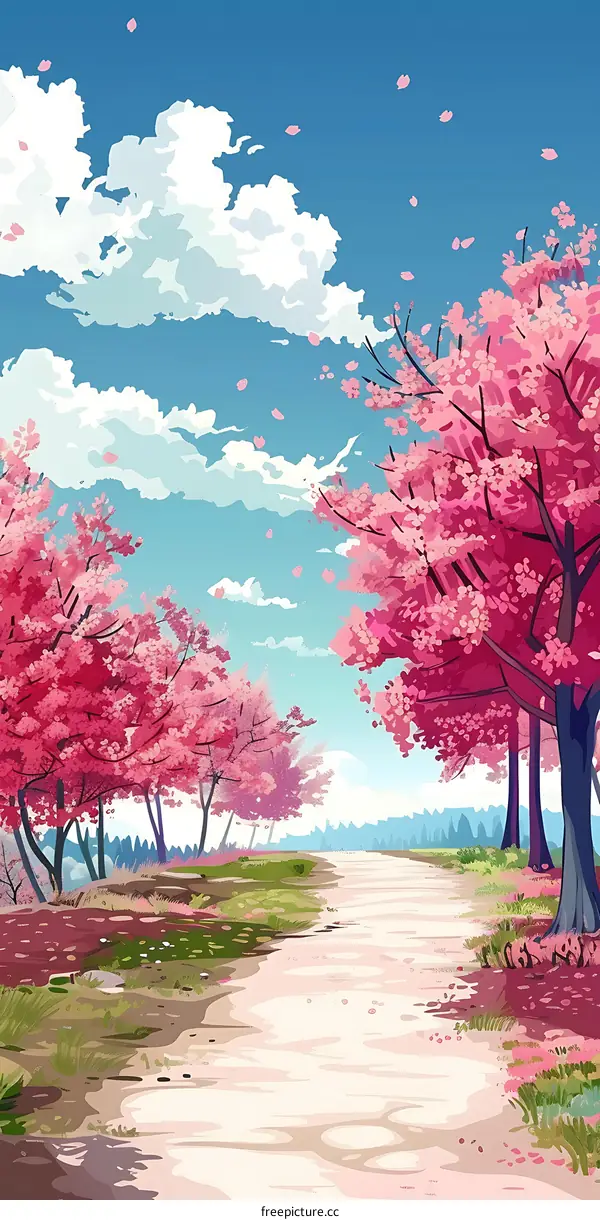 Pink Cherry Blossom Trees Along A Pathway