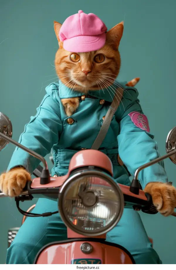 Adorable Cat Riding a Pink Scooter in a Teal Outfit