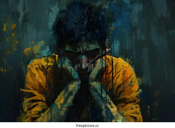 A dark-haired man wearing an orange shirt is sitting with his head in his hands