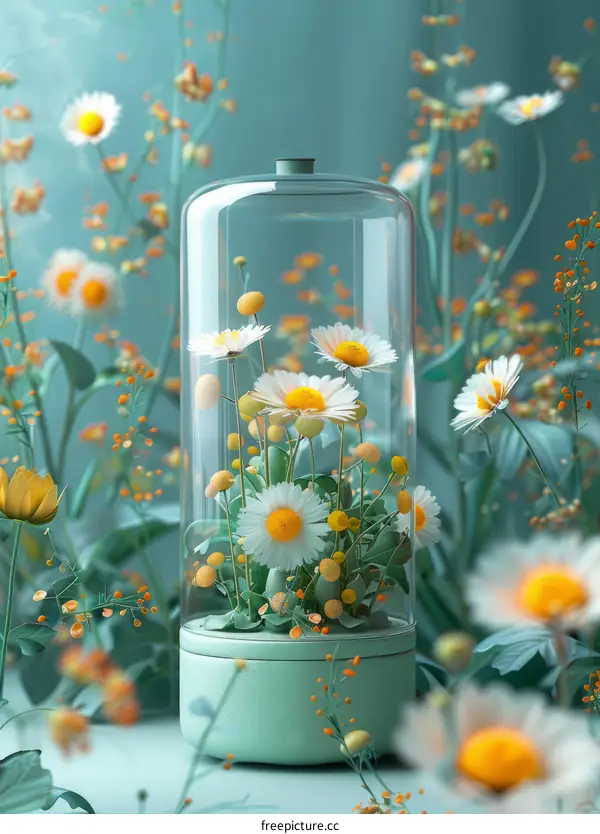 glass dome with white and yellow daisies inside and outside