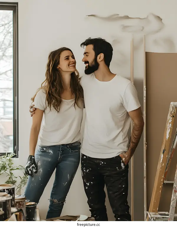 Couple Smiling In Front Of A White Wall