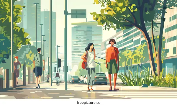 Urban Life Illustration with Two Women Walking on a Street
