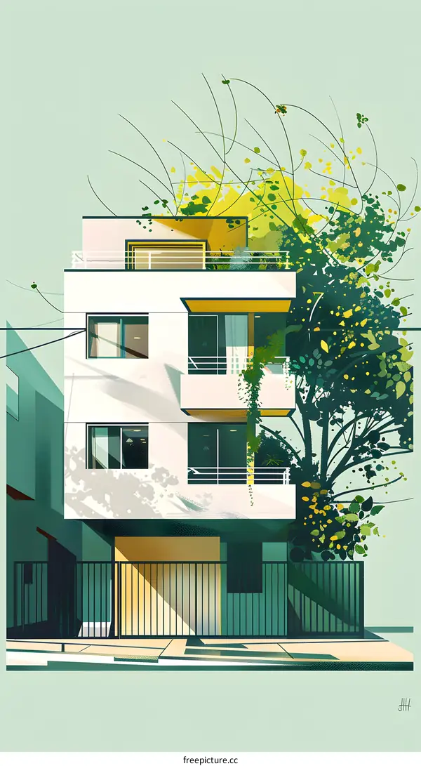 Modern Minimalist Illustration of Building with Green Plants