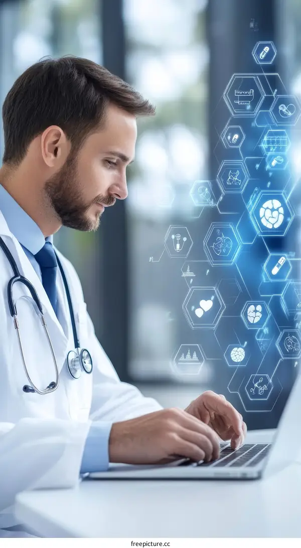 Doctor Working on Laptop with Medical Data Overlay