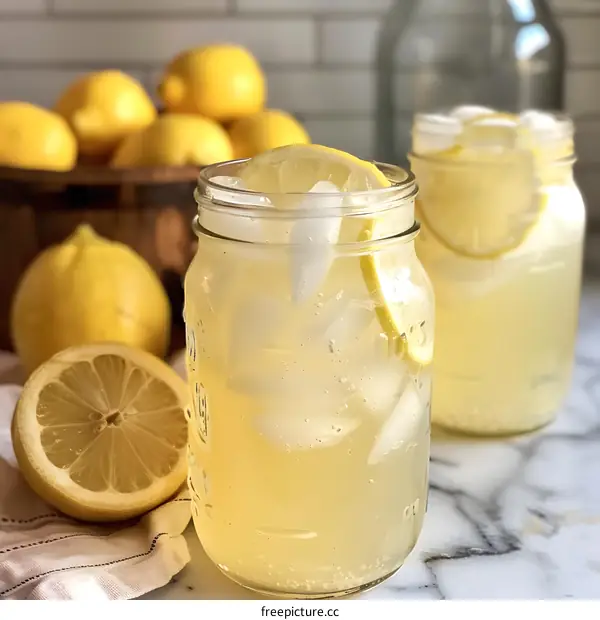 Refreshing Homemade Lemonade in Mason Jars with Ice