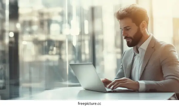Businessman Working on Laptop by Window