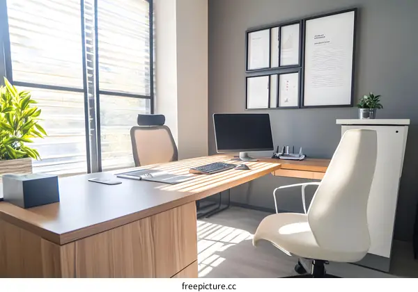 Modern Office Interior Design with Wooden Desk and Large Window