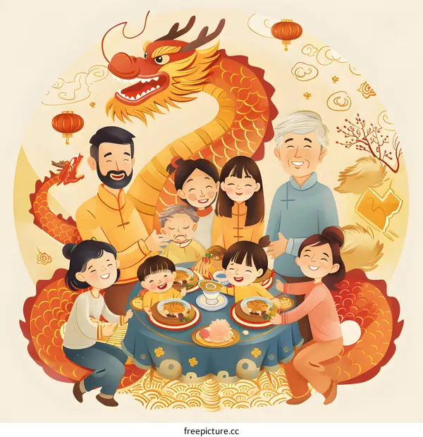 Chinese New Year Family Dinner Illustration with Dragon