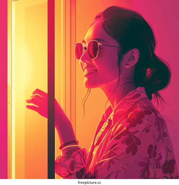 A young woman with long black hair wearing sunglasses smiles as she looks out a door.