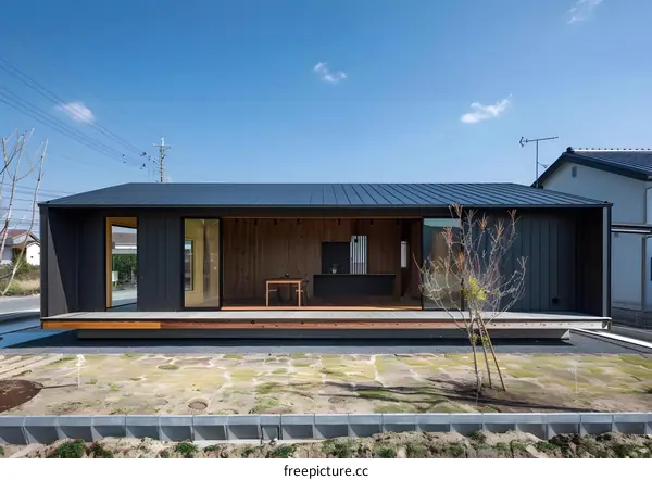 Modern Japanese Home with Black Siding and Wooden Deck