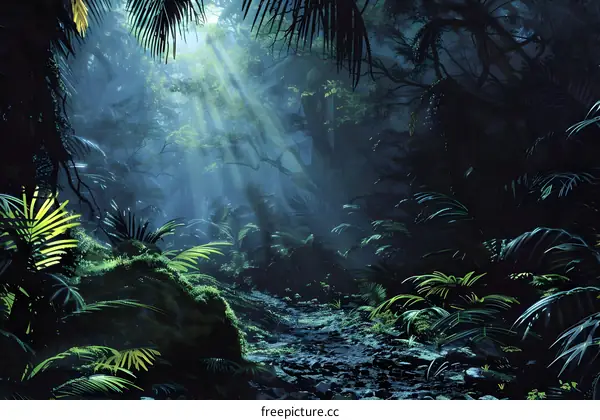 Sunbeams Shining Through Dense Rainforest