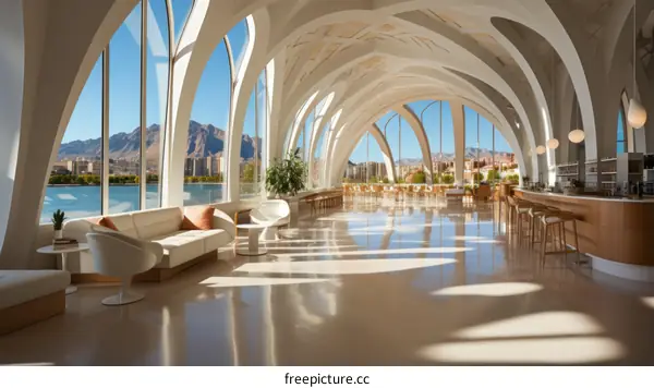 Futuristic restaurant interior with large windows and a view of the city