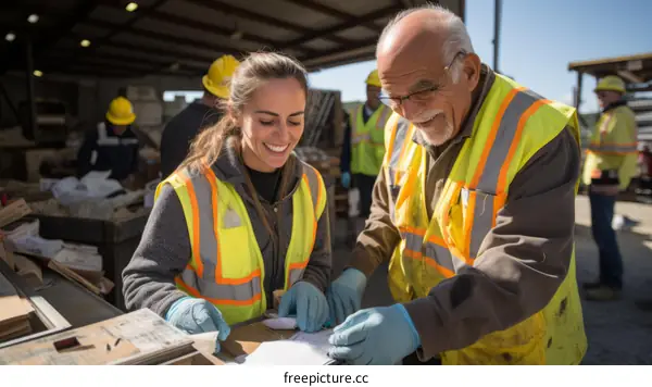 Two people in hard hats and reflective vests smile while looking at a document.