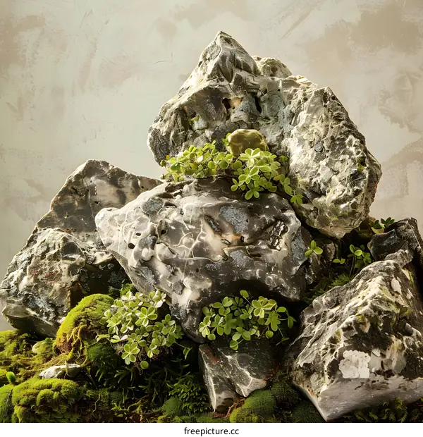 Close Up View of a Pile of Rocks with Moss Growing on Them