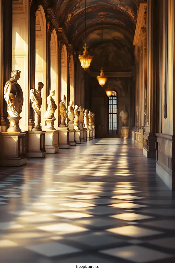 Sunlight Streaming Through a Long Hallway With Statues