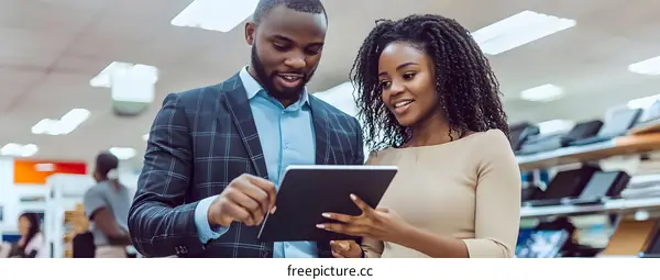 Two African American Business People Looking At Tablet Computer In Office