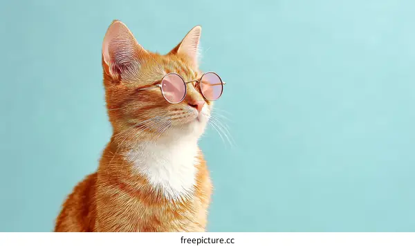 Ginger Cat Wearing Sunglasses Against Light Blue Background