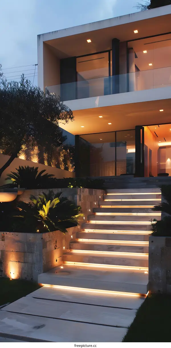 Modern House Exterior with Illuminated Steps
